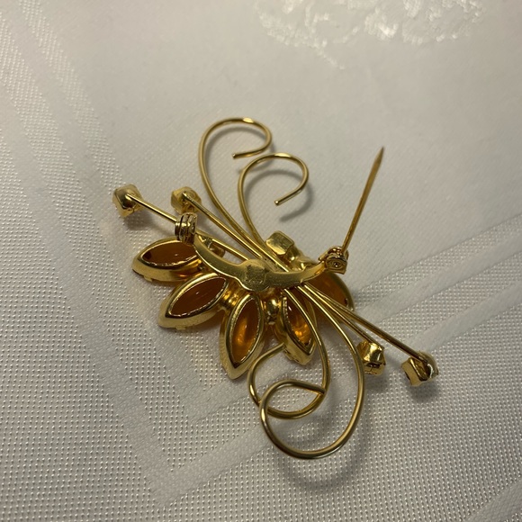 Vintage Amber Rhinestone Brooch Pin Gold Tone Large Marquise Small Square - Picture 8 of 12